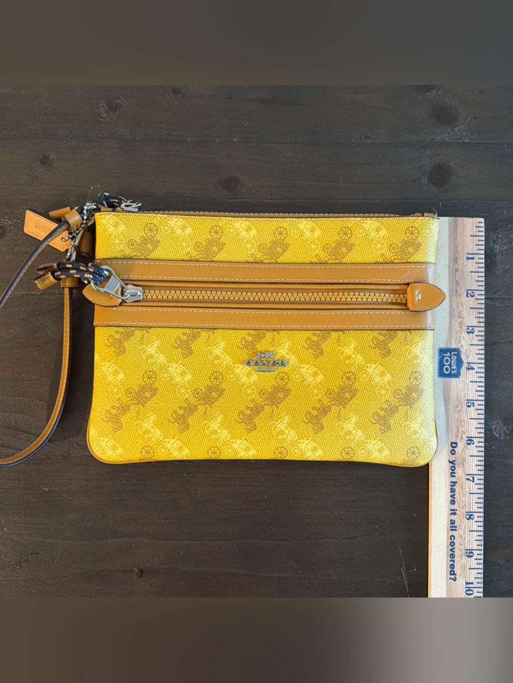 Coach F79944 Signature Horse & Carriage Yellow Zip Wristlet with Tan Trim